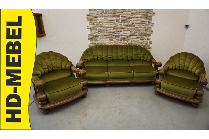 ZESTAW NA STELAŻU DĘBOWYM STYLOWY ZIELONY MATERIAŁ 3+1+1