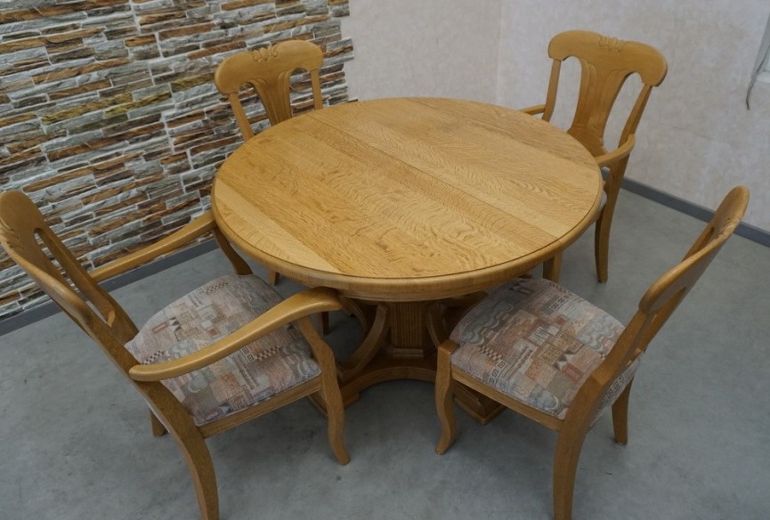STÓŁ LITY DĄB OKRĄGŁY średnica 115 cm  ROZKŁADANY DO 175 CM + 4 KRZESŁA