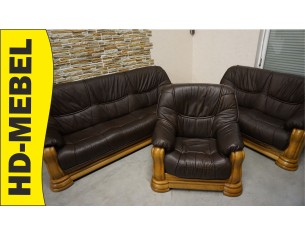 ZESTAW NA STELAŻU DĘBOWYM SKÓRA BRĄZOWA NATURALNA 3+2+1