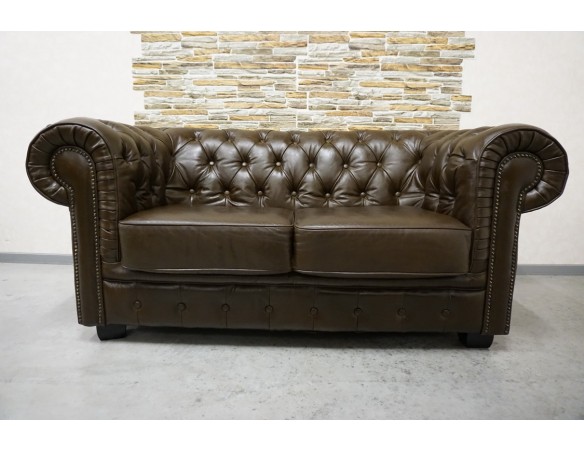 SOFA CHESTERFIELD 2-osobowa SKÓRA NATURALNA BRĄZOWA SZER. 170 CM