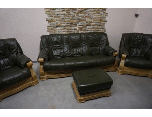 ZESTAW SKÓRA NATURALNA NA STELAŻU DĘBOWYM 3+1+1+PUFA 2