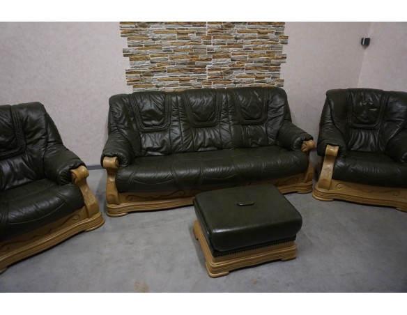 ZESTAW SKÓRA NATURALNA NA STELAŻU DĘBOWYM 3+1+1+PUFA