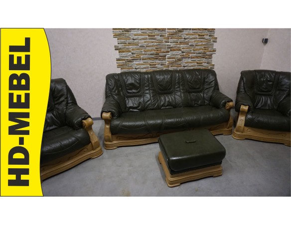 ZESTAW SKÓRA NATURALNA NA STELAŻU DĘBOWYM 3+1+1+PUFA