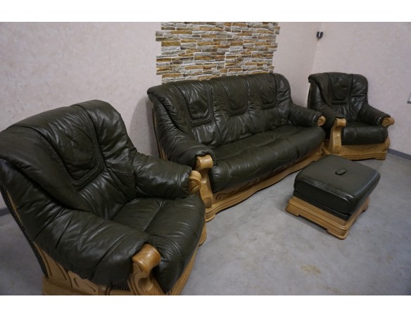 ZESTAW SKÓRA NATURALNA NA STELAŻU DĘBOWYM 3+1+1+PUFA