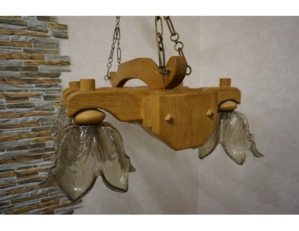 ŻYRANDOL LITY DĄB DĘBOWY JASNY MASYWNY 6 KLOSZY SZER. 90 CM