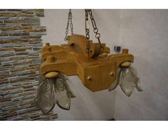 ŻYRANDOL LITY DĄB DĘBOWY JASNY MASYWNY 6 KLOSZY SZER. 90 CM