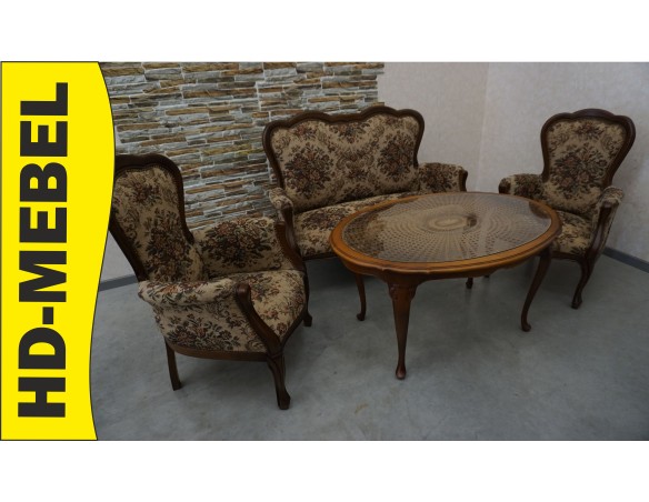 ZESTAW CHIPPENDALE SOFA 2 OS. + 2 FOTELE + ŁAWA Z RAFIĄ
