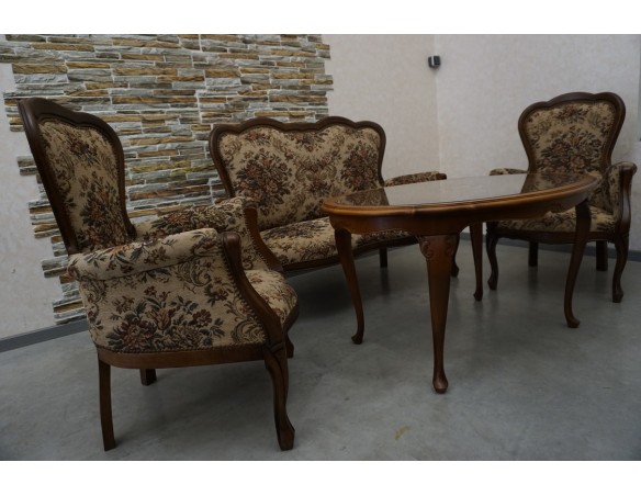 ZESTAW CHIPPENDALE SOFA 2 OS. + 2 FOTELE + ŁAWA Z RAFIĄ