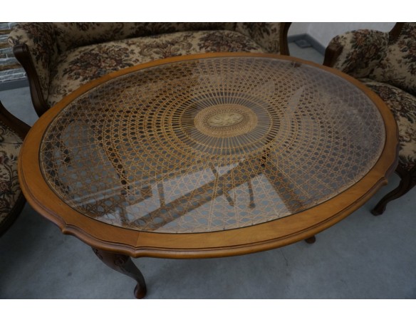 ZESTAW CHIPPENDALE SOFA 2 OS. + 2 FOTELE + ŁAWA Z RAFIĄ