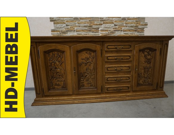 KOMODA DĘBOWA WYSOKA MYŚLIWSKI MOTYW 3 DRZWIOWA SZER. 220 CM