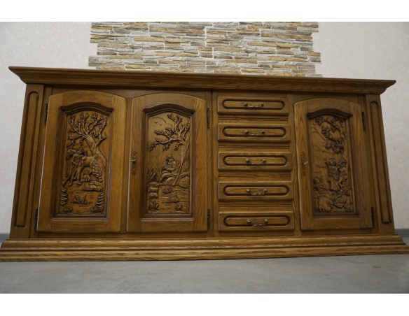 KOMODA DĘBOWA WYSOKA MYŚLIWSKI MOTYW 3 DRZWIOWA SZER. 220 CM