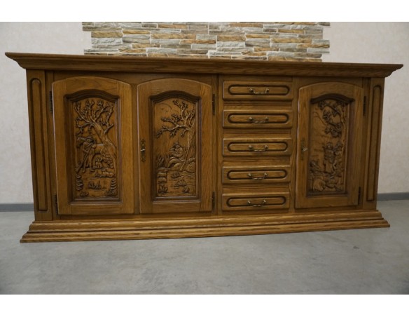 KOMODA DĘBOWA WYSOKA MYŚLIWSKI MOTYW 3 DRZWIOWA SZER. 220 CM