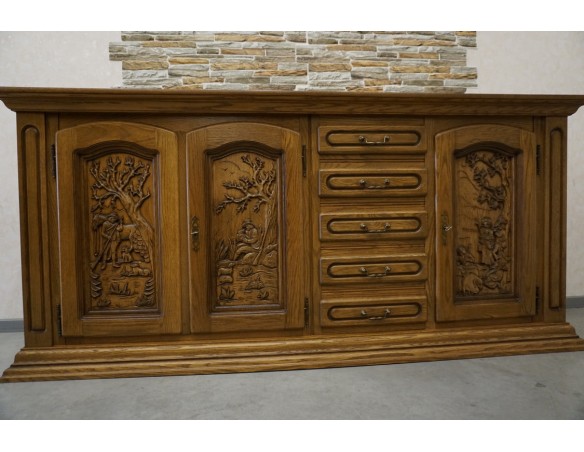 KOMODA DĘBOWA WYSOKA MYŚLIWSKI MOTYW 3 DRZWIOWA SZER. 220 CM