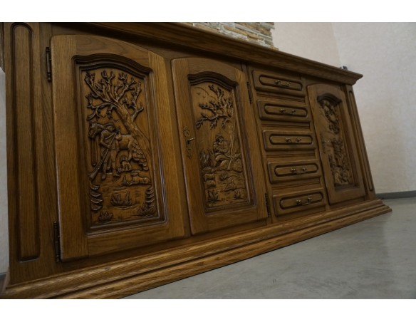 KOMODA DĘBOWA WYSOKA MYŚLIWSKI MOTYW 3 DRZWIOWA SZER. 220 CM