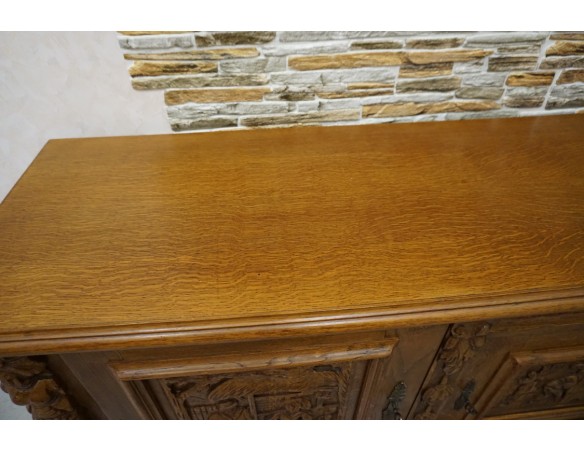 KOMODA DĘBOWA MOTYW MYŚLIWSKI RZEŹBIONA 3 DRZWIOWA SZER. 245 CM