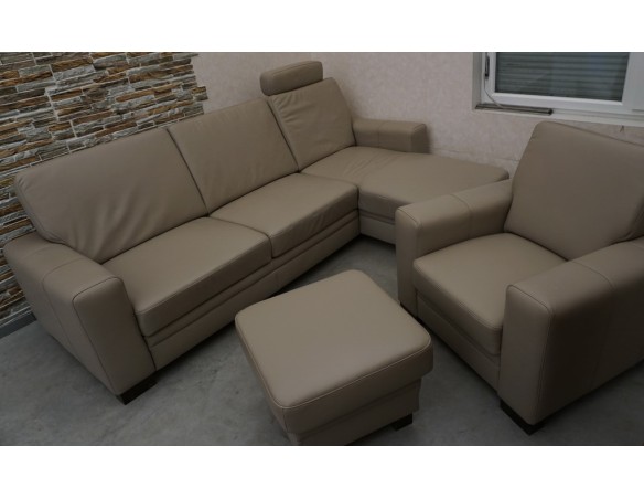 SKÓRA NATURALNA BEŻOWA NAROŻNA Z FUNKCJĄ SPANIA + FOTEL + PUFA