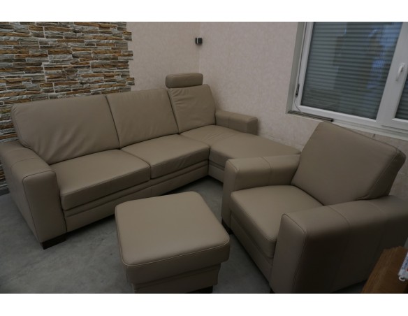 SKÓRA NATURALNA BEŻOWA NAROŻNA Z FUNKCJĄ SPANIA + FOTEL + PUFA