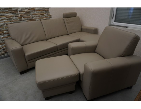 SKÓRA NATURALNA BEŻOWA NAROŻNA Z FUNKCJĄ SPANIA + FOTEL + PUFA