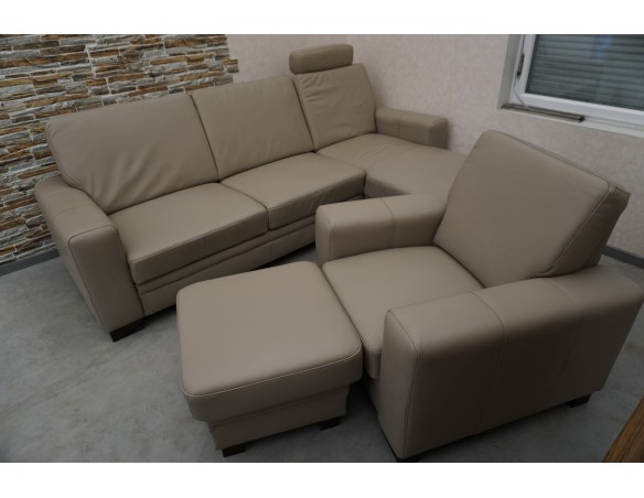 SKÓRA NATURALNA BEŻOWA NAROŻNA Z FUNKCJĄ SPANIA + FOTEL + PUFA