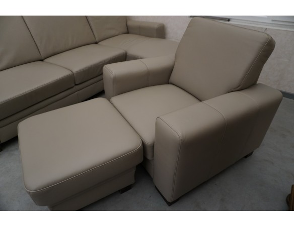 SKÓRA NATURALNA BEŻOWA NAROŻNA Z FUNKCJĄ SPANIA + FOTEL + PUFA