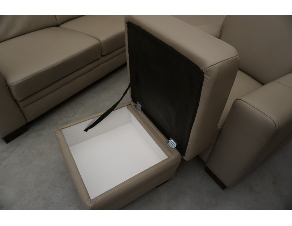 SKÓRA NATURALNA BEŻOWA NAROŻNA Z FUNKCJĄ SPANIA + FOTEL + PUFA