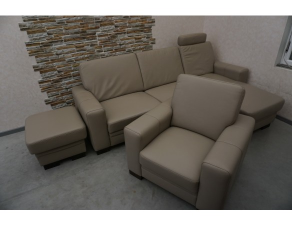 SKÓRA NATURALNA BEŻOWA NAROŻNA Z FUNKCJĄ SPANIA + FOTEL + PUFA