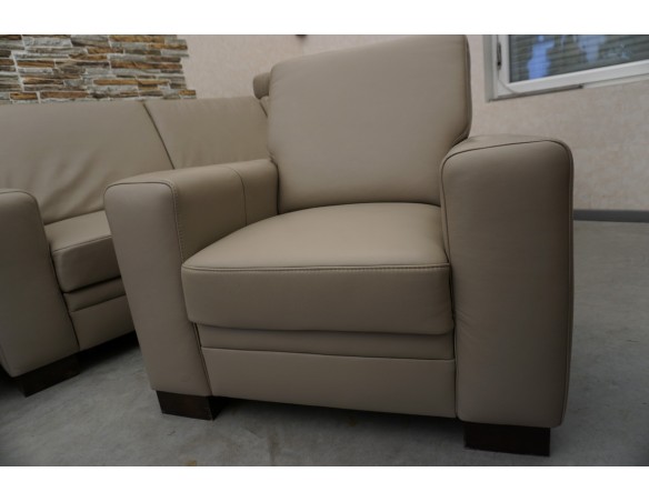 SKÓRA NATURALNA BEŻOWA NAROŻNA Z FUNKCJĄ SPANIA + FOTEL + PUFA