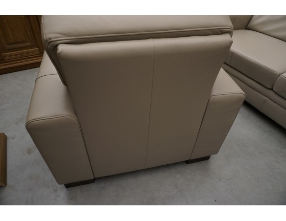 SKÓRA NATURALNA BEŻOWA NAROŻNA Z FUNKCJĄ SPANIA + FOTEL + PUFA