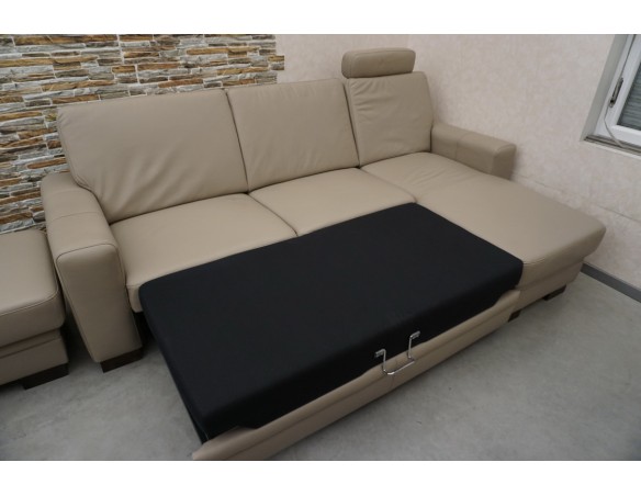 SKÓRA NATURALNA BEŻOWA NAROŻNA Z FUNKCJĄ SPANIA + FOTEL + PUFA