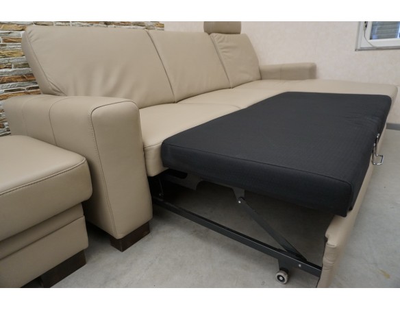 SKÓRA NATURALNA BEŻOWA NAROŻNA Z FUNKCJĄ SPANIA + FOTEL + PUFA