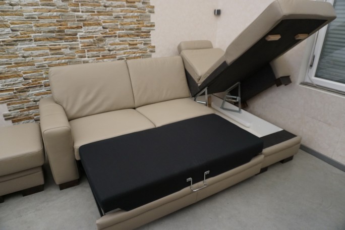 SKÓRA NATURALNA BEŻOWA NAROŻNA Z FUNKCJĄ SPANIA...