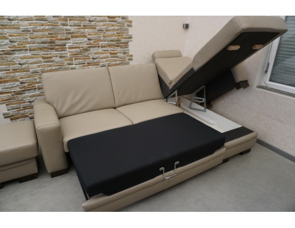 SKÓRA NATURALNA BEŻOWA NAROŻNA Z FUNKCJĄ SPANIA + FOTEL + PUFA