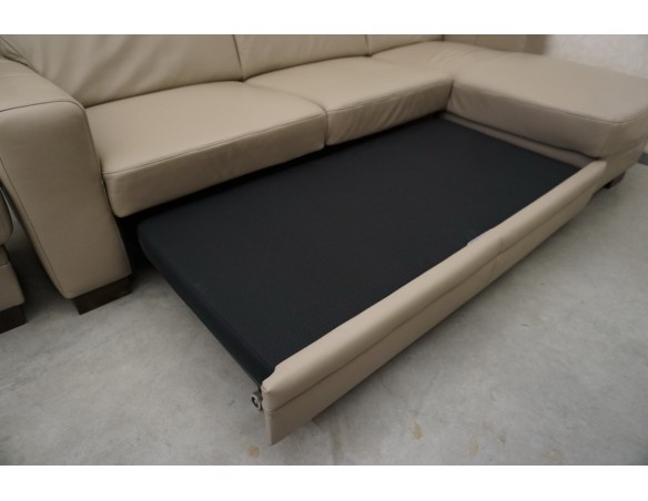 SKÓRA NATURALNA BEŻOWA NAROŻNA Z FUNKCJĄ SPANIA + FOTEL + PUFA