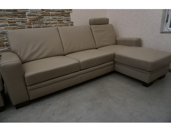 SKÓRA NATURALNA BEŻOWA NAROŻNA Z FUNKCJĄ SPANIA + FOTEL + PUFA