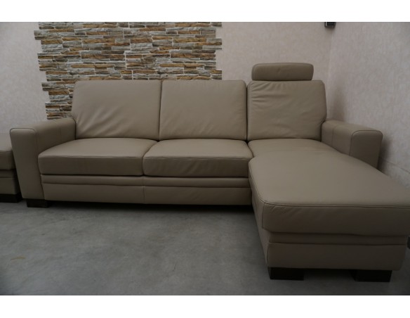 SKÓRA NATURALNA BEŻOWA NAROŻNA Z FUNKCJĄ SPANIA + FOTEL + PUFA