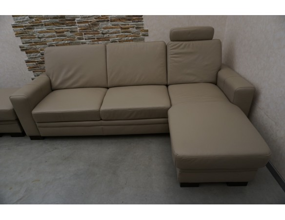 SKÓRA NATURALNA BEŻOWA NAROŻNA Z FUNKCJĄ SPANIA + FOTEL + PUFA