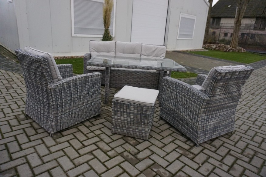 ZESTAW NA OGRÓD TARAS SOFA 3 OSOBOWA + 2 FOTELE + STÓŁ + PUFA + PODUCHY TECHNORATTAN