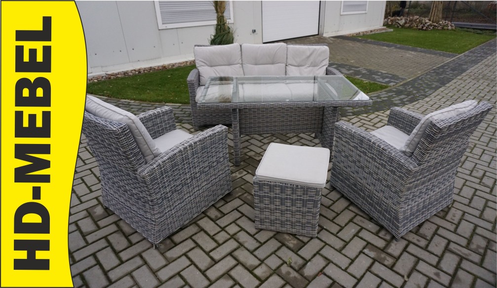 ZESTAW NA OGRÓD TARAS SOFA 3 OSOBOWA + 2 FOTELE + STÓŁ + PUFA + PODUCHY TECHNORATTAN