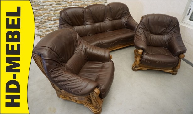 ZESTAW NA STELAŻU DĘBOWYM SOFA SKÓRA NATURALNA 3 OSOBOWA...
