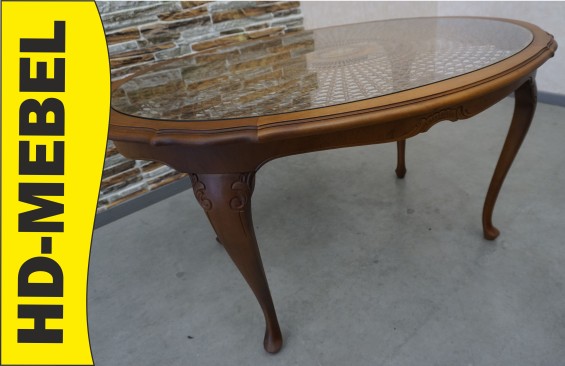 ŁAWA OWALNA CHIPPENDALE Z RAFIĄ SZKLANY BLAT SZER. 118 CM