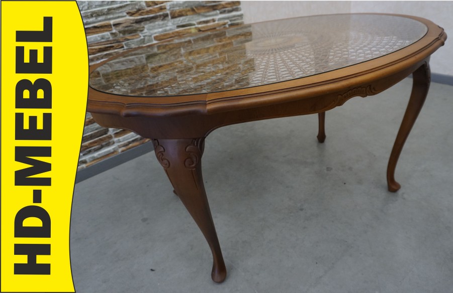 ŁAWA OWALNA CHIPPENDALE Z RAFIĄ SZKLANY BLAT SZER. 118 CM