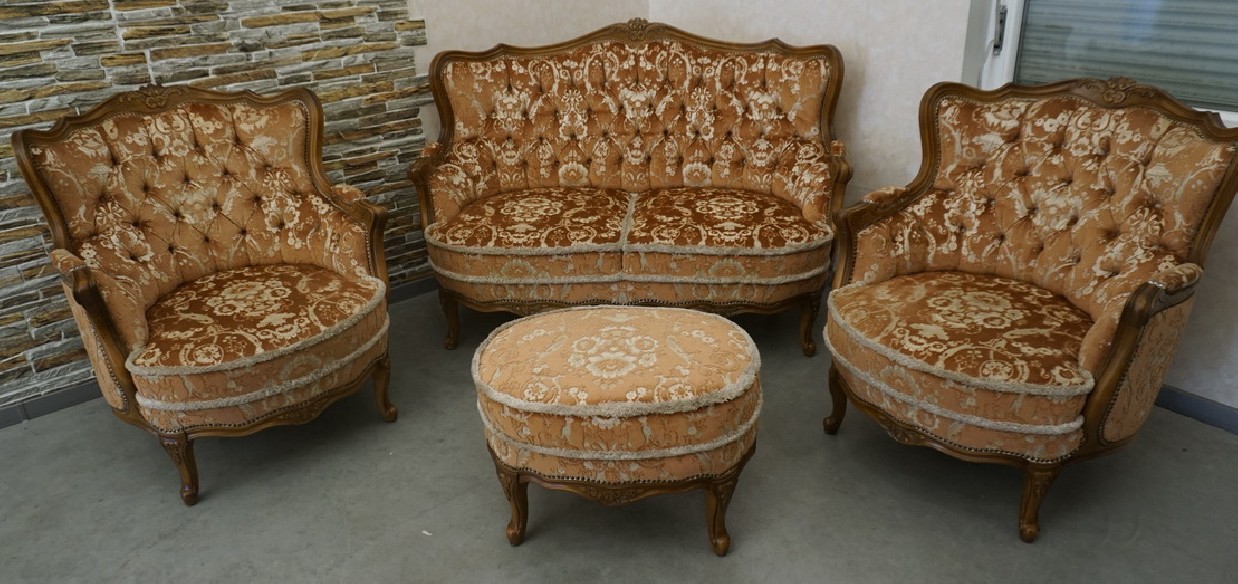ZESTAW CHIPPENDALE LUDWIK FILIP SOFA 2 OSOBOWA + 2 FOTELE  + PODNÓŻEK - PUFA