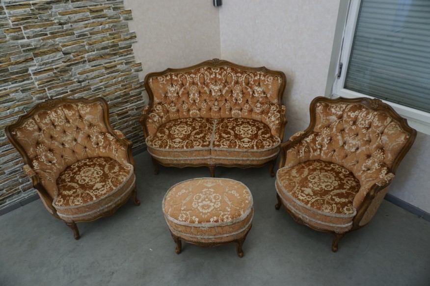 ZESTAW CHIPPENDALE LUDWIK FILIP SOFA 2 OSOBOWA + 2 FOTELE  + PODNÓŻEK - PUFA