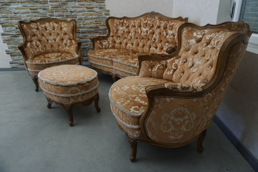 ZESTAW CHIPPENDALE LUDWIK FILIP SOFA 2 OSOBOWA + 2 FOTELE  + PODNÓŻEK - PUFA