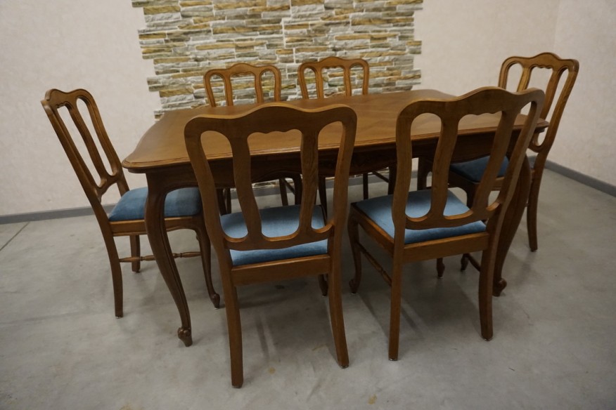 STÓŁ DĘBOWY ROZKŁADANY + 6 KRZESEŁ CHIPPENDALE