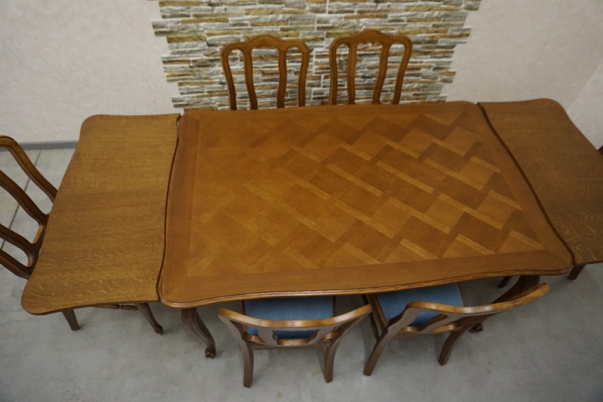 STÓŁ DĘBOWY ROZKŁADANY + 6 KRZESEŁ CHIPPENDALE