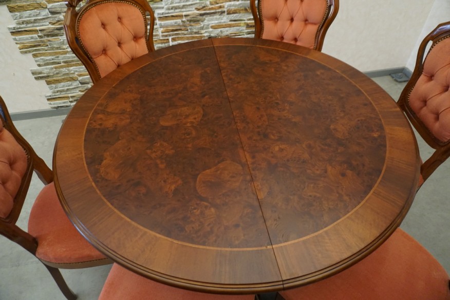 STÓŁ OKRĄGŁY INTARSJA ROZKŁADANY W STYLU CHIPPENDALE ŚREDNIA 120 CM